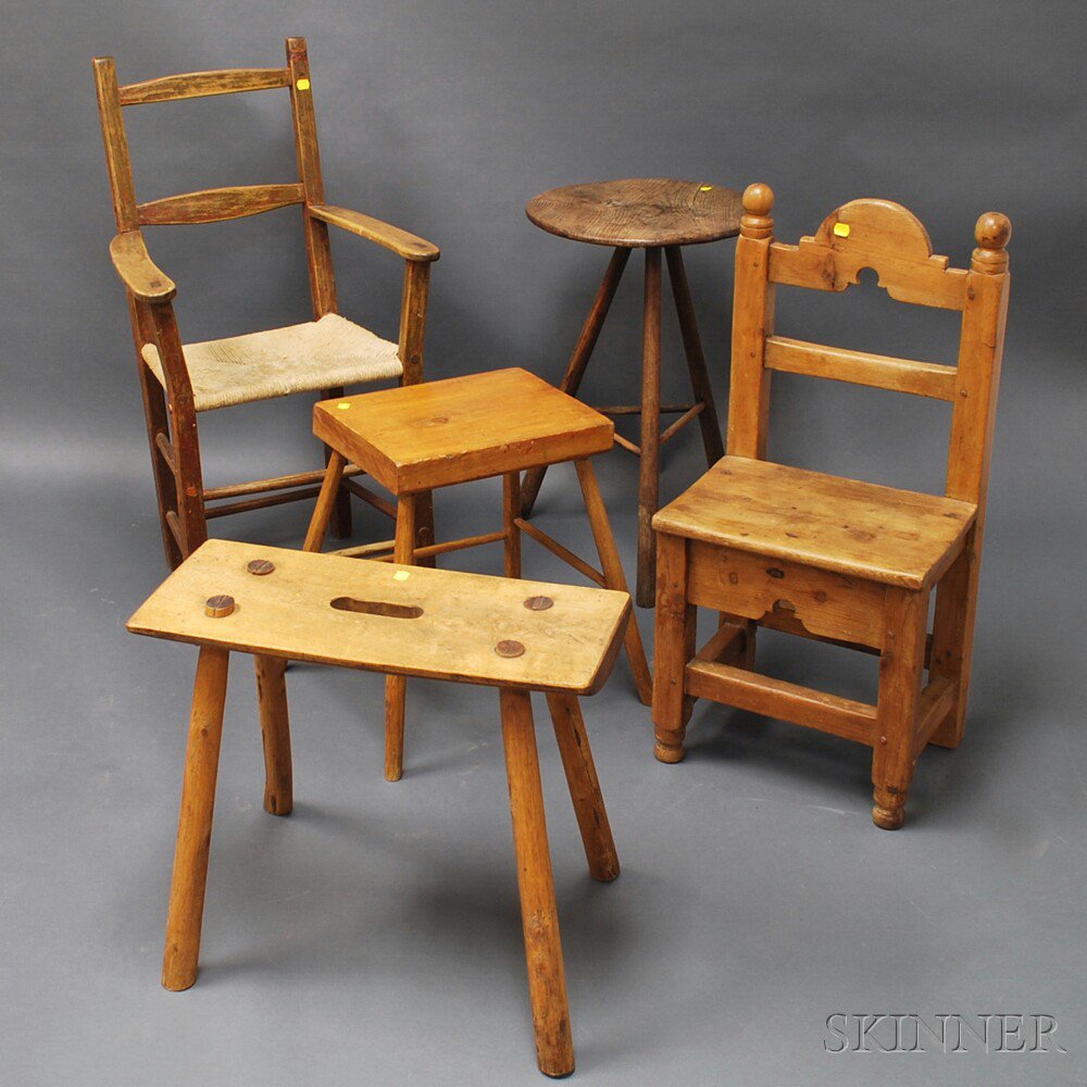 Appraisal: Three Splay-leg Stools and Two Chairs mostly of pine and