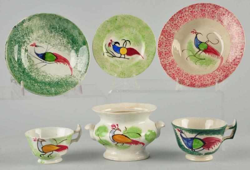 Appraisal: Lot of Period Spatterware Pieces Description Includes one red peafowl