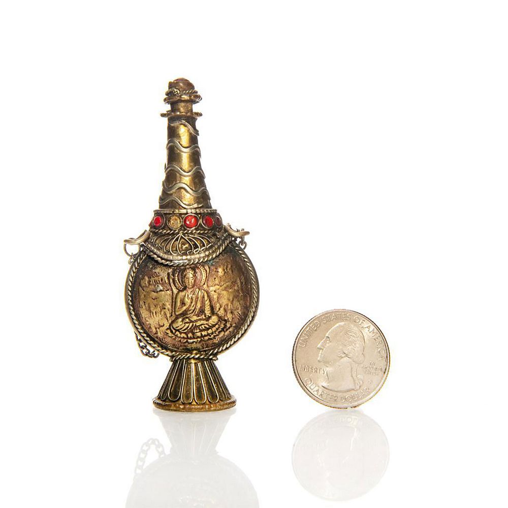 Appraisal: RARE BRASS BUDDHA SNUFF BOTTLE WITH CHAINED TOPPER Hand crafted