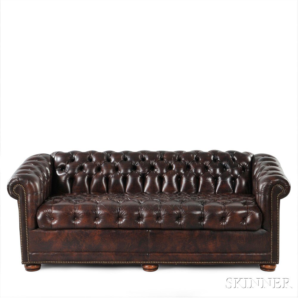 Appraisal: Classic Leather Sofa Leather brass wood United States s Rolled