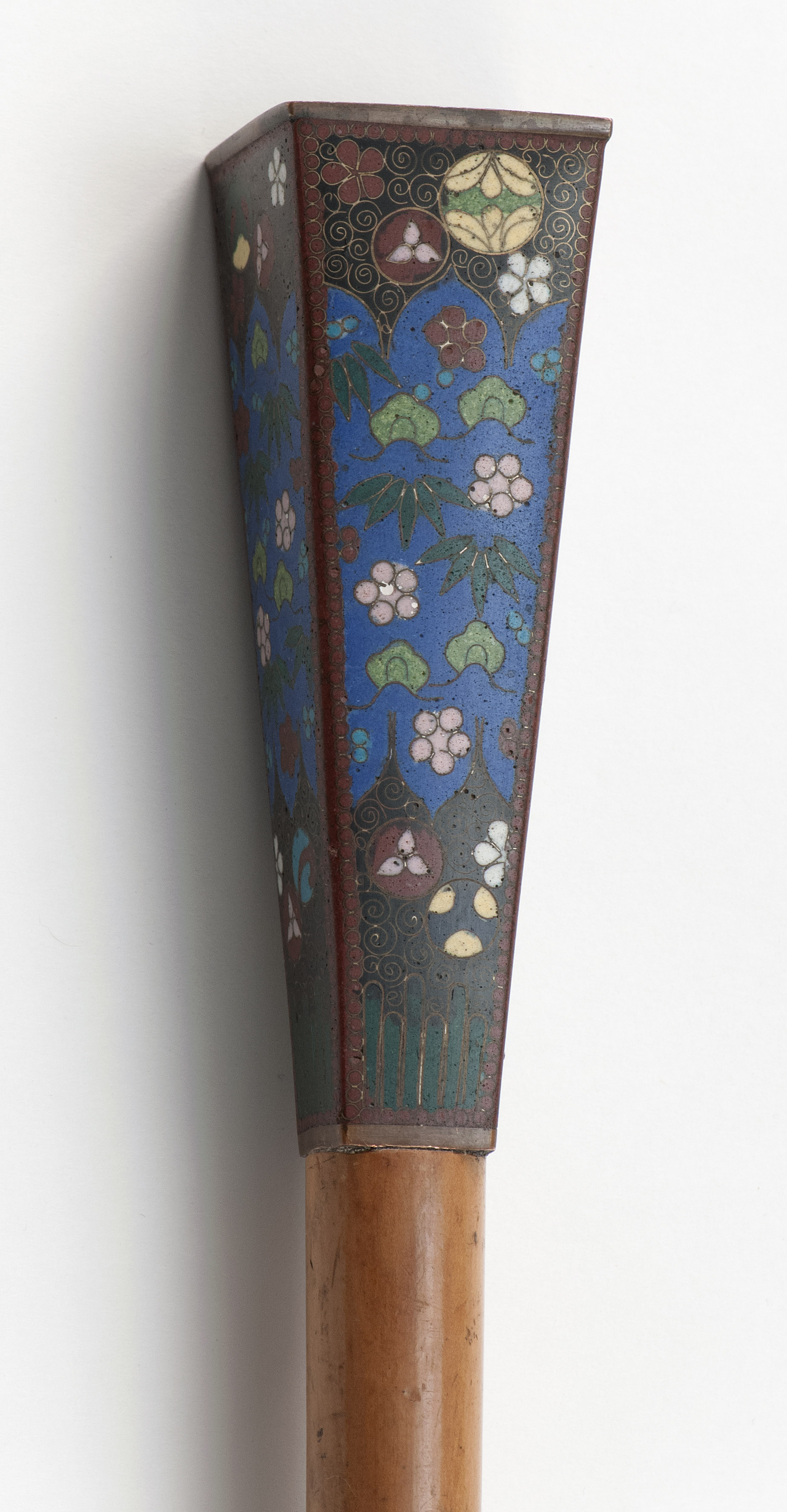 Appraisal: CLOISONN ENAMEL-HANDLED CANE Tapered rectangular-form handle in floral design Length