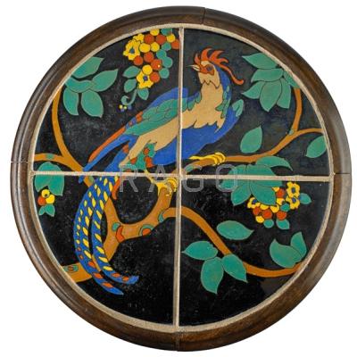 Appraisal: TAYLOR Tile-top table with four-tile panel of tropical bird California