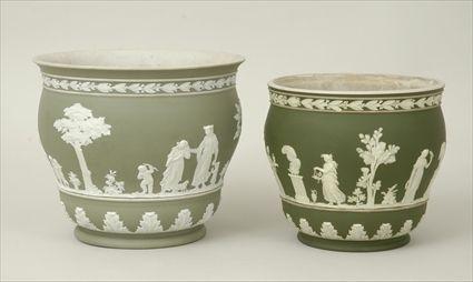 Appraisal: Two Wedgwood Green Jasperware Jardini res Marked to in to