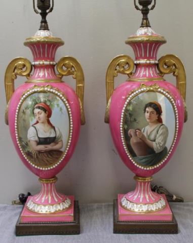 Appraisal: Pair of Impressive Pink Ground Paint Decorated UrnForm Porcelain Lamps