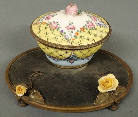 Appraisal: Delicate Continental porcelain and gilt metal oval inkstand th c