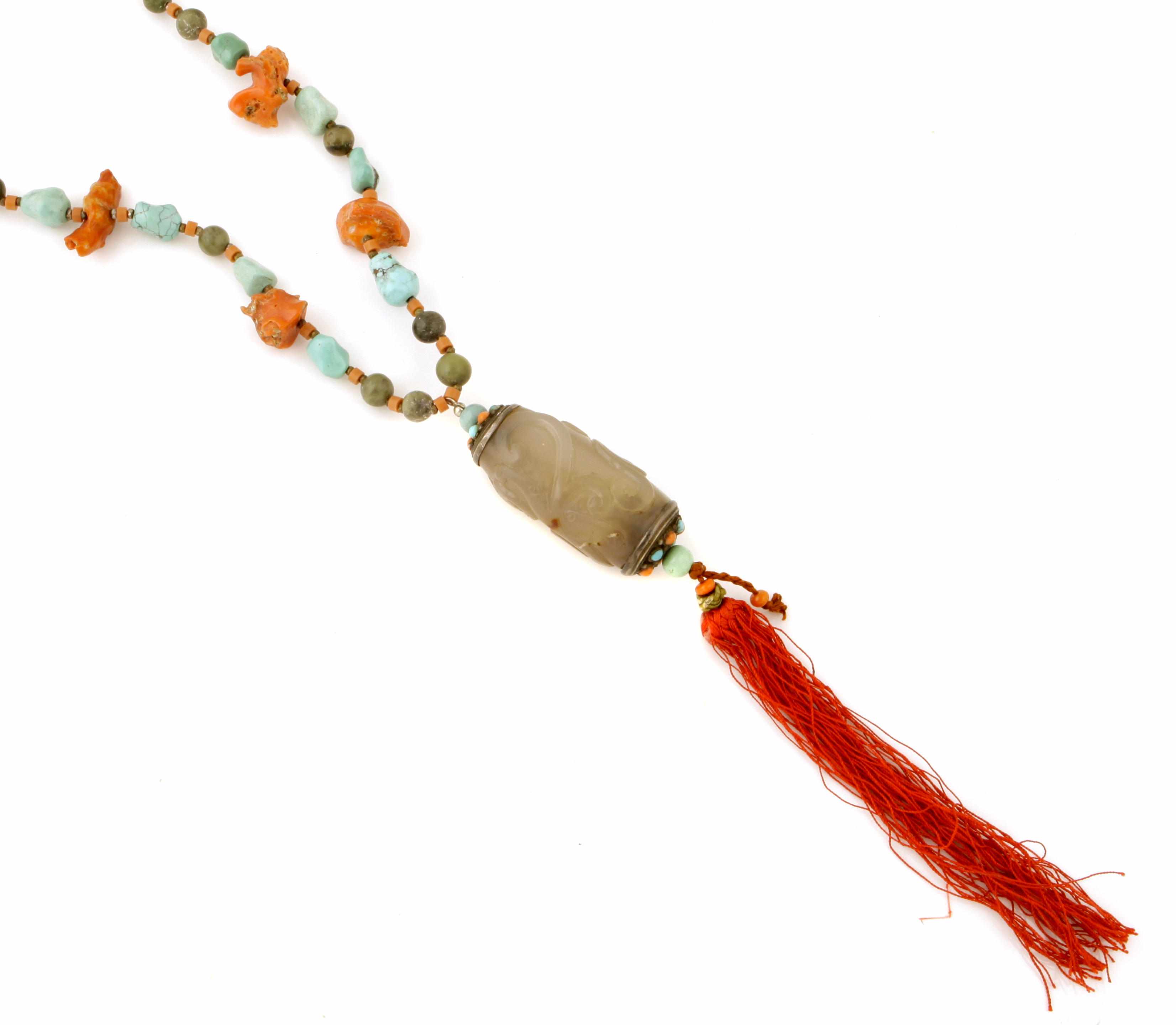 Appraisal: A jade hardstone turquoise and coral bead necklace length in