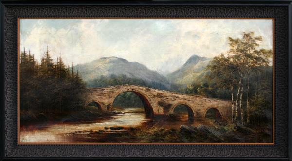 Appraisal: SCOTTISH HIGHLAND LANDSCAPE WITH STONE BRIDGE AND STREAM OIL Canvas