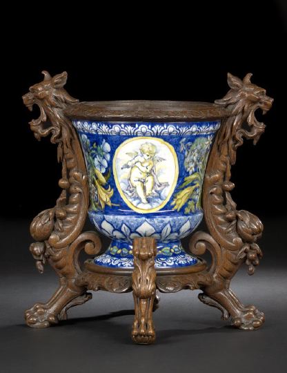 Appraisal: Good Italian Majolica Cachepot in a Gueret Freres Paris Oak