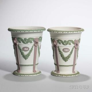 Appraisal: Pair of Wedgwood Tricolor Jasper Vases England th century canted