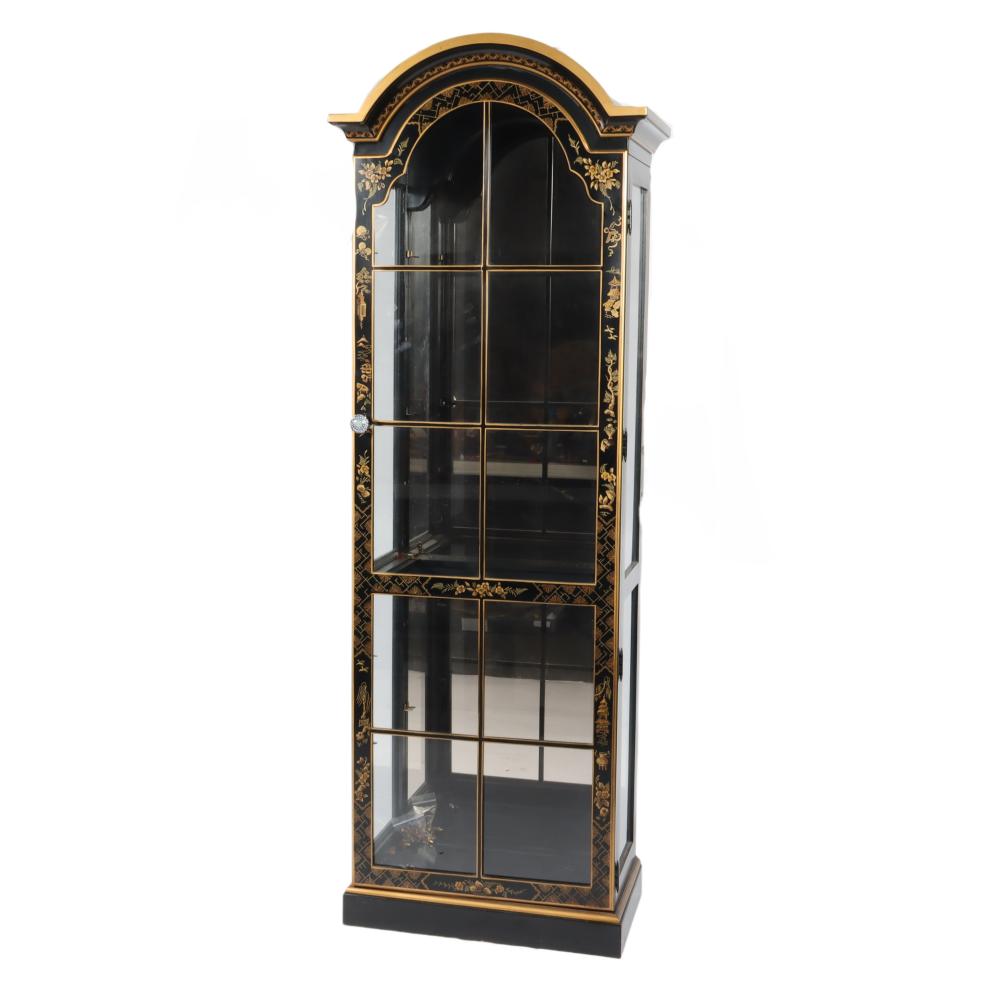 Appraisal: CHINOISERIE LIGHTED MIRRORED CABINET WITH GILT ASIAN SYMBOLS GLASS SHELVES