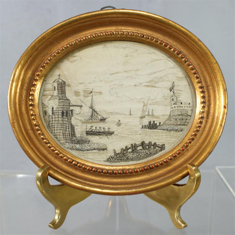 Appraisal: Oval silk embroidery of harbor scene depicting figures in a