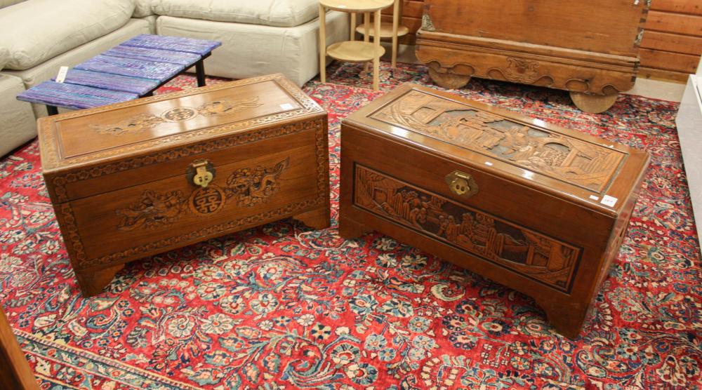 Appraisal: TWO CHINESE CARVED CAMPHOR WOOD BLANKET CHESTS Hong Kong late