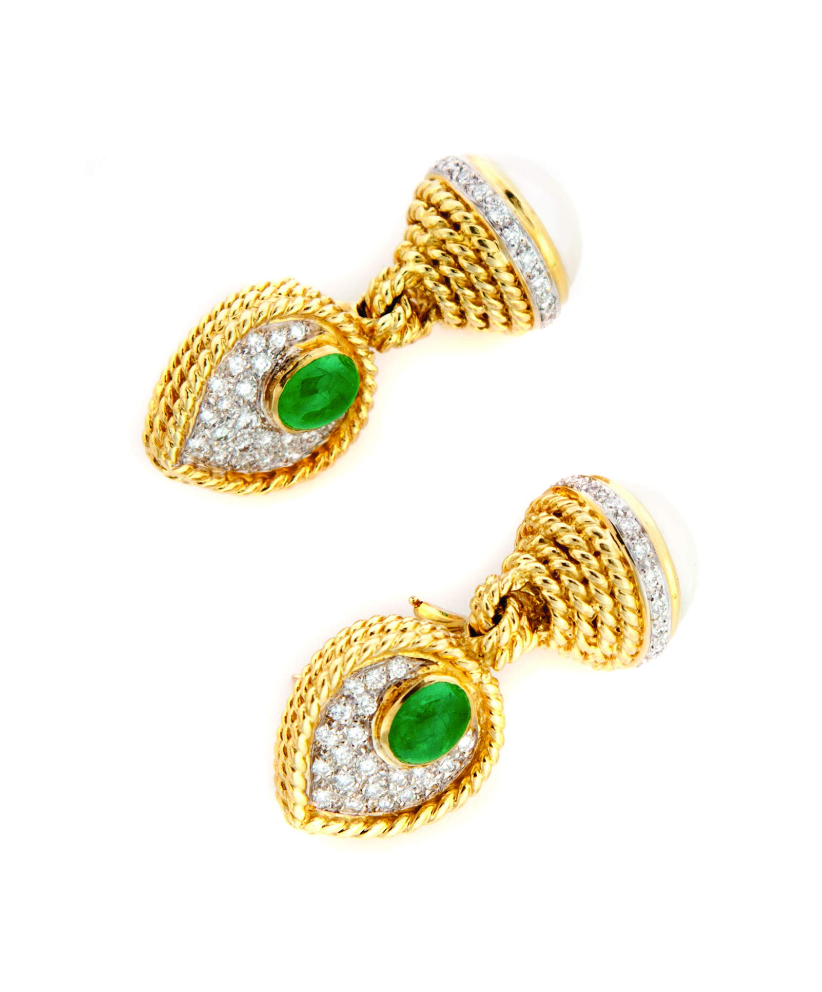 Appraisal: EMERALD DIAMOND AND MABE PEARL EARRINGS American st century KYG