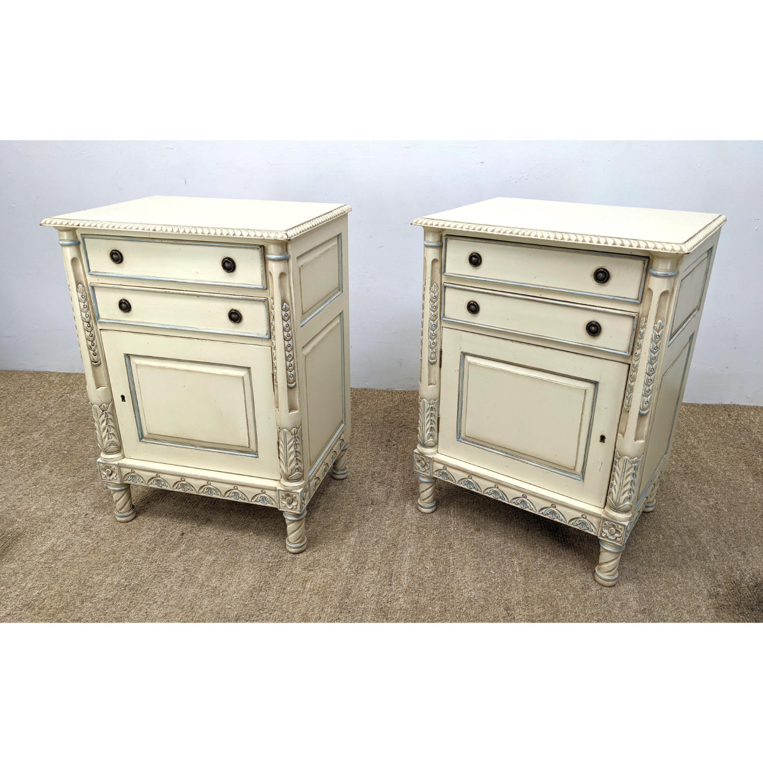 Appraisal: Cream Painted French Provincial Night Stands Blue paint highlights Dimensions