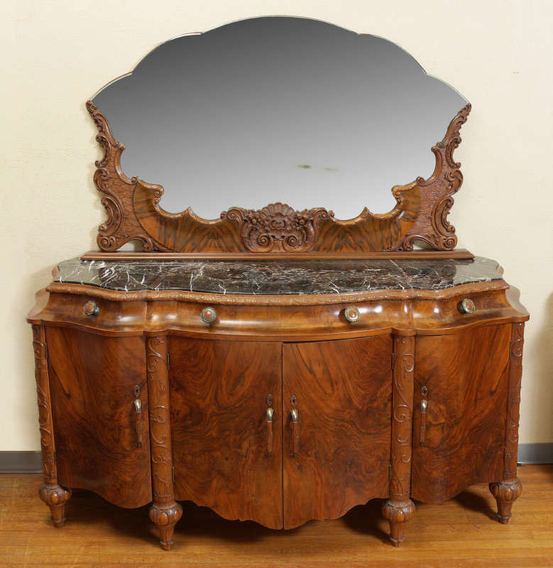 Appraisal: BURL WALNUT MARBLE TOP BUFFET WITH MIRROR Shaped mirror carved