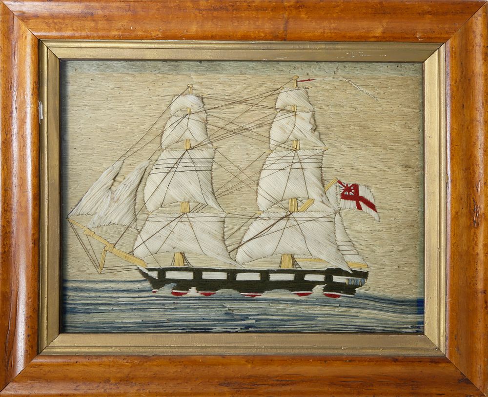 Appraisal: British Woolwork Two-Masted Man-O-War circa British Woolwork Two-Masted Man-O-War circa