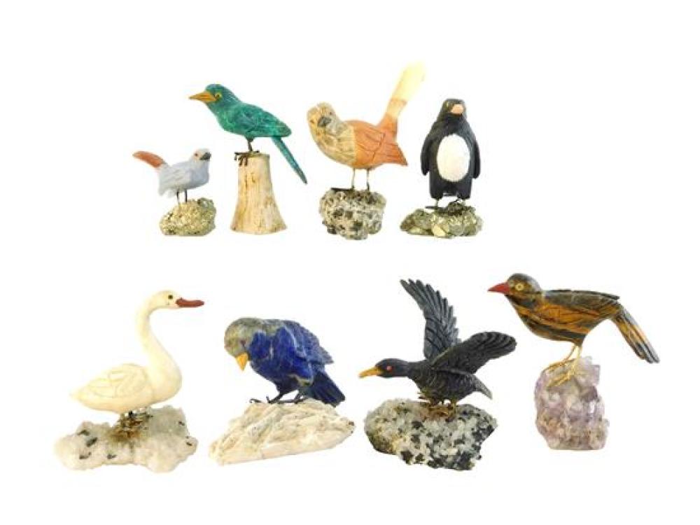 Appraisal: Eight carved hardstone birds with metal legs most perched on