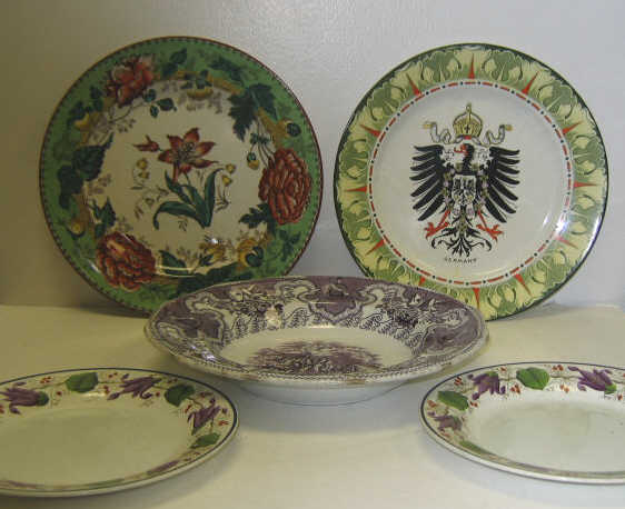 Appraisal: FIVE ENGLISH ASSORTED POTTERY PLATES Comprising hand-painted Wedgwood Horticultural dinner