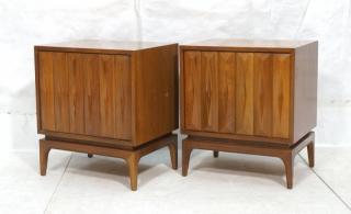 Appraisal: Pr Mid Century Walnut Night Stands Single Doors with sculptural