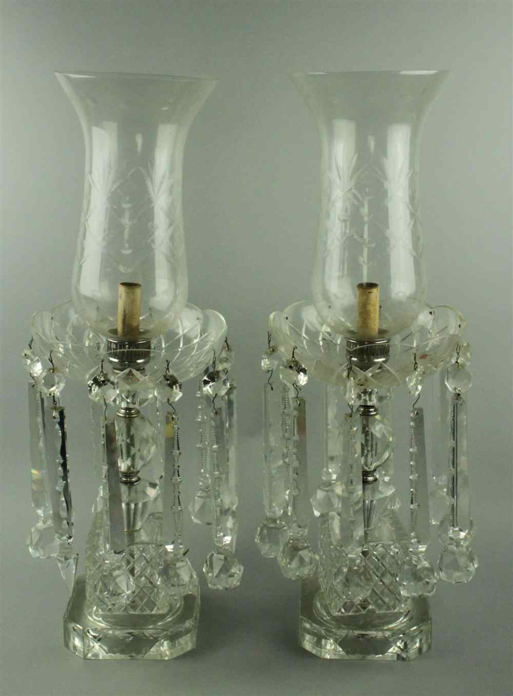 Appraisal: PAIR OF LARGE GLASS ELECTRIC LUSTRES WITH PRISMS AND HURRICANES