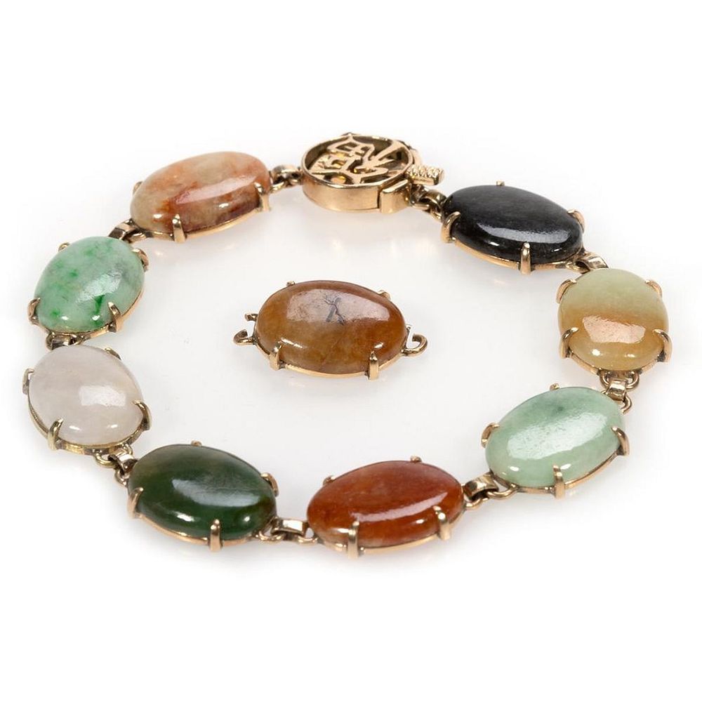 Appraisal: Multi-color jade and k gold link bracelet with one extra