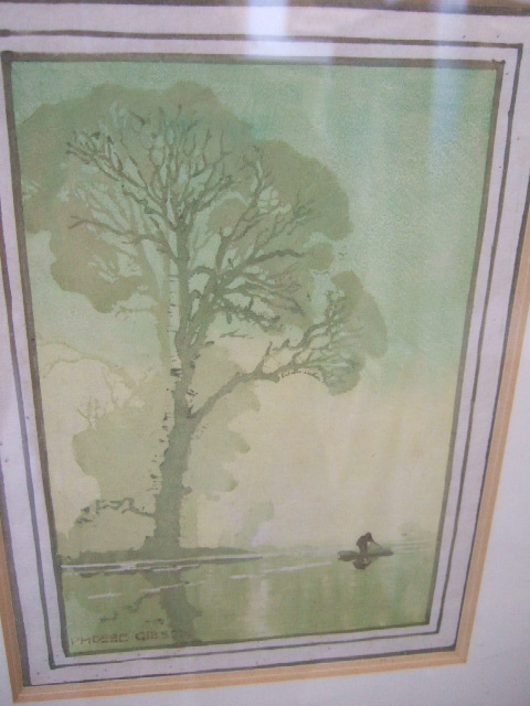 Appraisal: Phoebe Gibson th century Sunlit lake scene colour woodblock signed