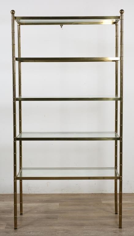 Appraisal: Contemporary brass etagere th century Brass frame with ball finials