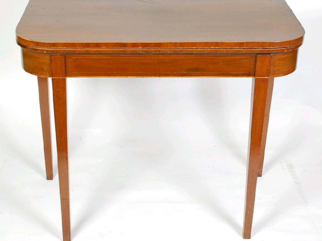 Appraisal: GEORGE III LINE INLAID MAHOGANY FOLD OVER CARD TABLE the