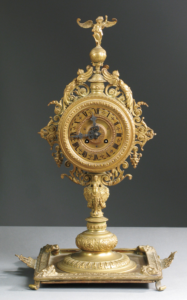 Appraisal: FRENCH BRONZE MONSTRANCE TABLE CLOCK ON TRAY Baroque style c