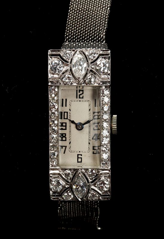 Appraisal: LADIES ART DECO PLATINUM DIAMOND WATCH W K BAND The