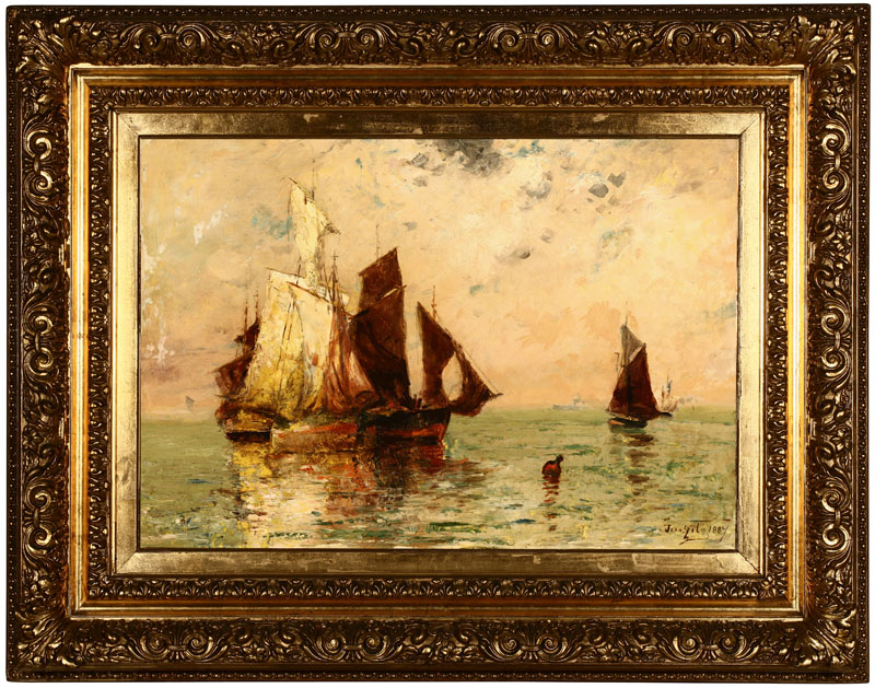 Appraisal: French School th -Century Brittany boats on calm water Oil