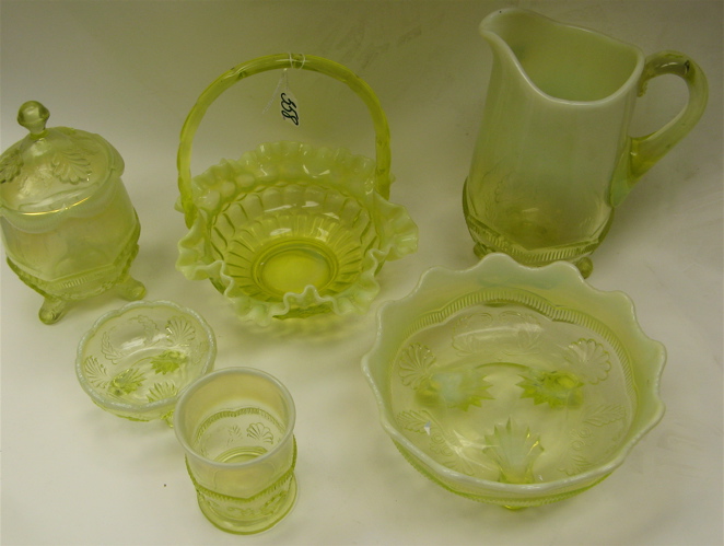 Appraisal: FLINT GLASS CO YELLOW PATTERN GLASS piece dessert set Wreath