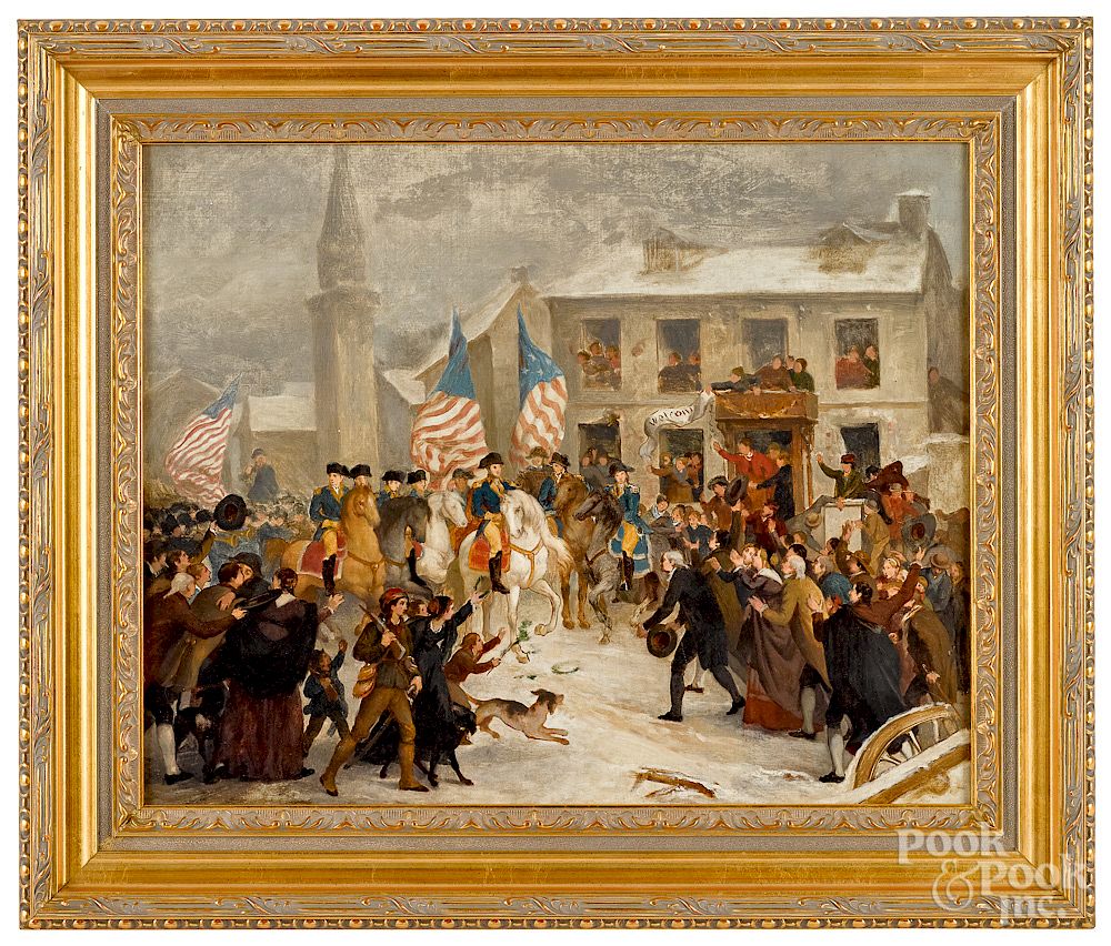 Appraisal: Oil on canvas of Washington entering a town Oil on