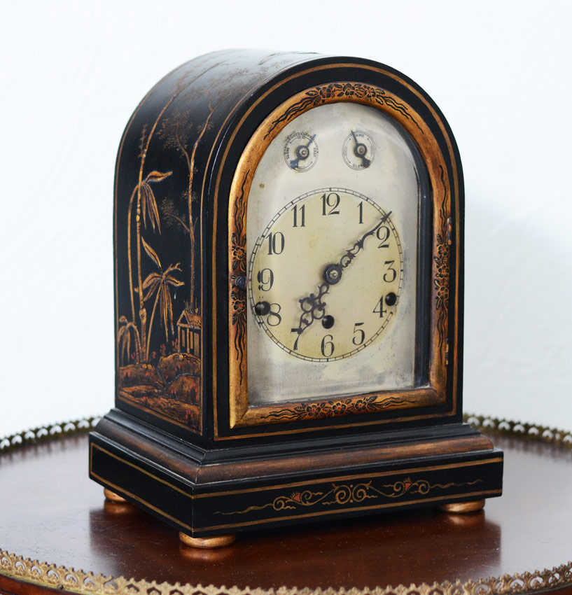 Appraisal: GERMAN CHINOISERIE MANTLE CLOCK Ebonized wood case with chinoiserie outdoor