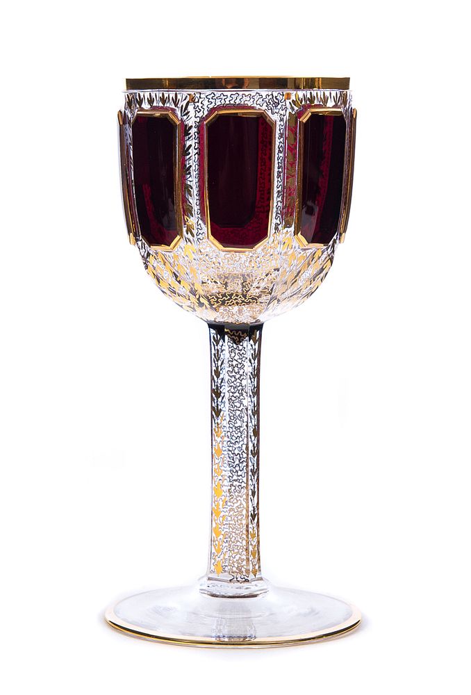 Appraisal: Moser Ruby cut to clear with gold enameling goblet Moser