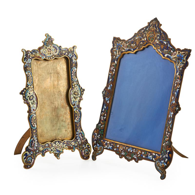 Appraisal: FRENCH CHAMPLEVE EASEL FRAMES Two polychrome floral designs on cobalt