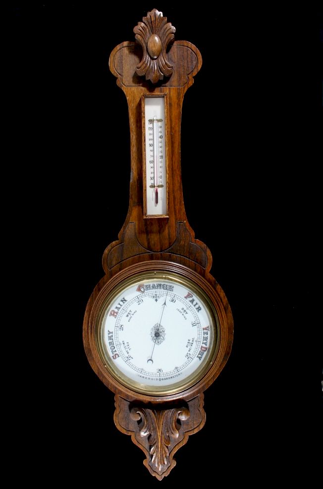 Appraisal: Aneroid Hanging Barometer with Carved Oak For your consideration is