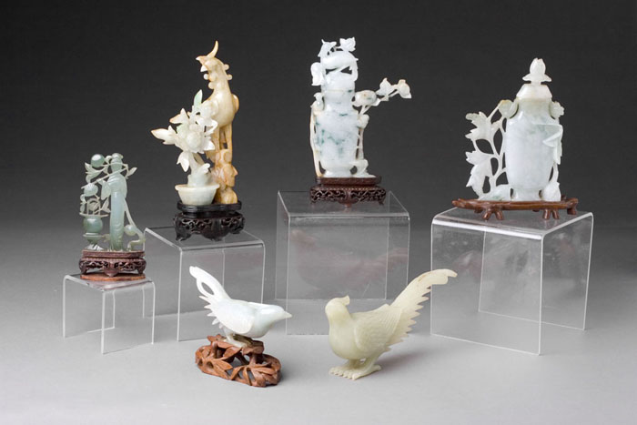 Appraisal: SIX CHINESE HARDSTONE OBJECTS Including two covered vases three birds