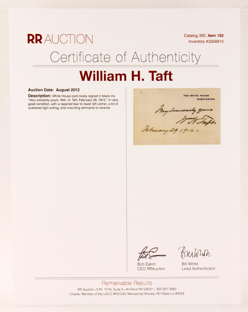 Appraisal: - White House Card Signed by William Howard Taft William