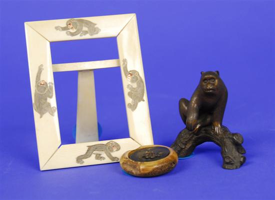 Appraisal: THREE JAPANESE ITEMS including a bronze ape form ornament height