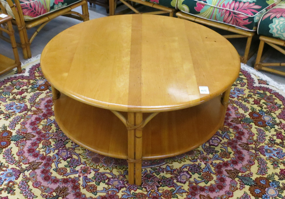 Appraisal: MID-CENTURY MODERN RATTAN AND MAPLE COFFEE TABLE Heywood-Wakefield Co mode