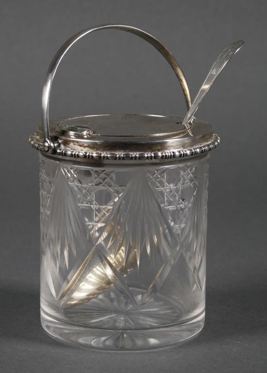 Appraisal: Cut glass condiment jar with sterling auto opening top As