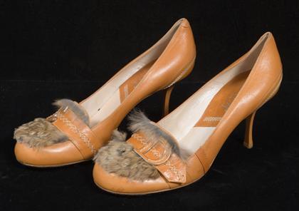 Appraisal: Christian Dior high heel fur-trimmed shoes contemporary Tan leather with