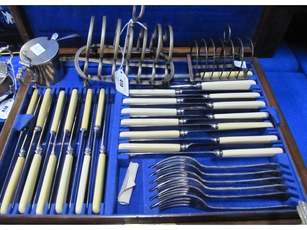 Appraisal: Lot comprising canteen of cutlery mustard pot and two toastracks