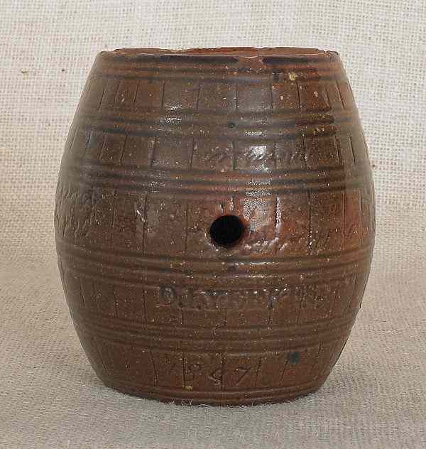 Appraisal: Redware Temperance rundlet dated stamped D I Yerkes with an