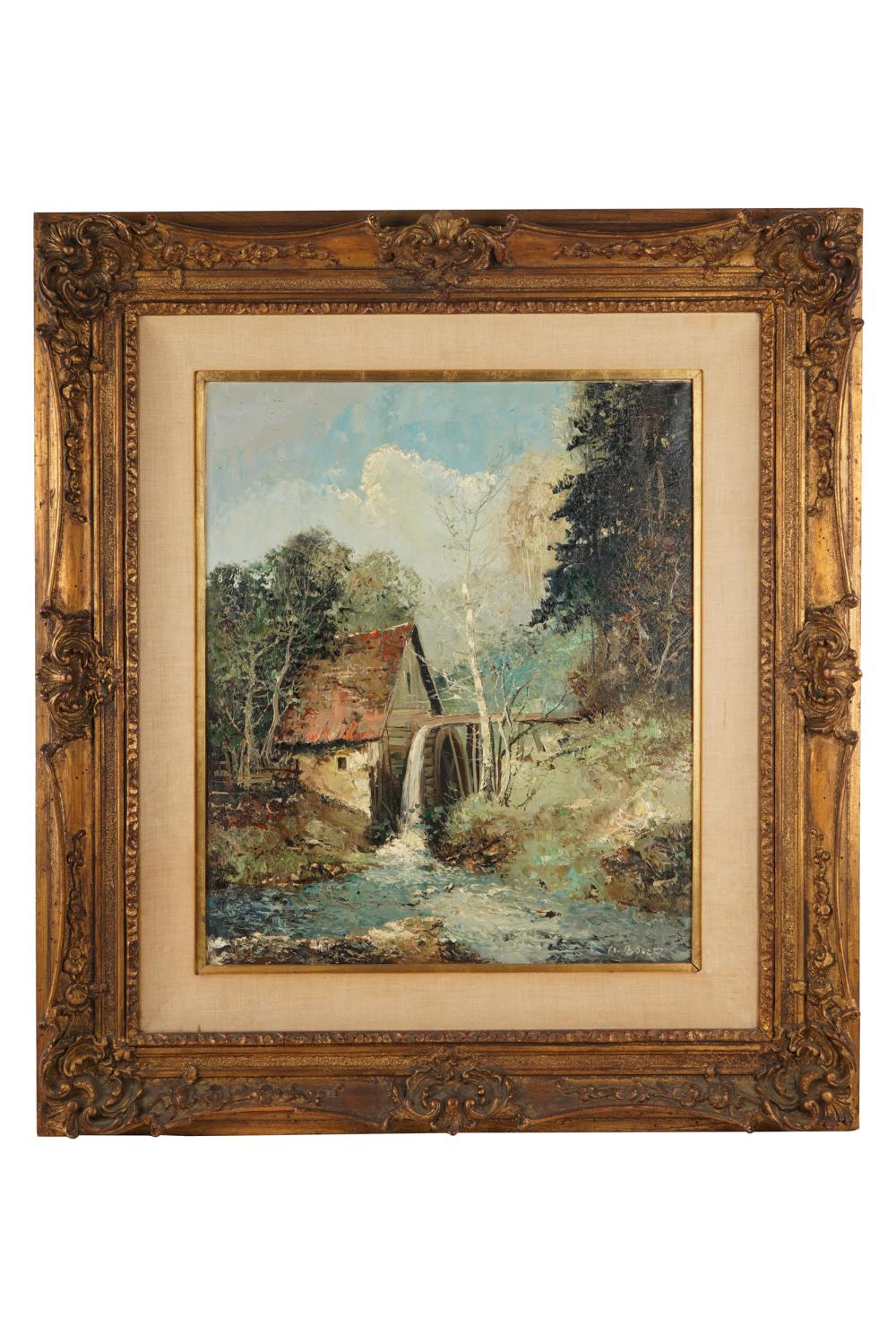 Appraisal: WILLI BAUER COTTAGE WITH WATER WHEEL oil on canvas signed