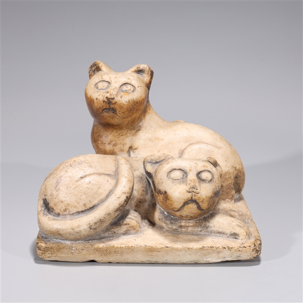 Appraisal: Old Japanese carved stone grouping of two cats possibly marble