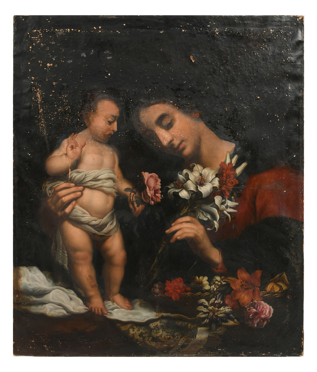 Appraisal: EARLY VIRGIN OF THE LILIES PAINTING AFTER DOLCI Depicts Madonna