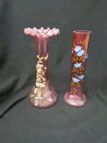 Appraisal: Victorian Cranberry Art Glass Vases enameled florals excellent