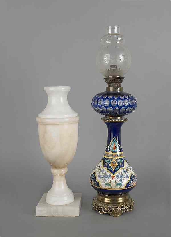 Appraisal: French faiance and blue cut to clear table lamp h